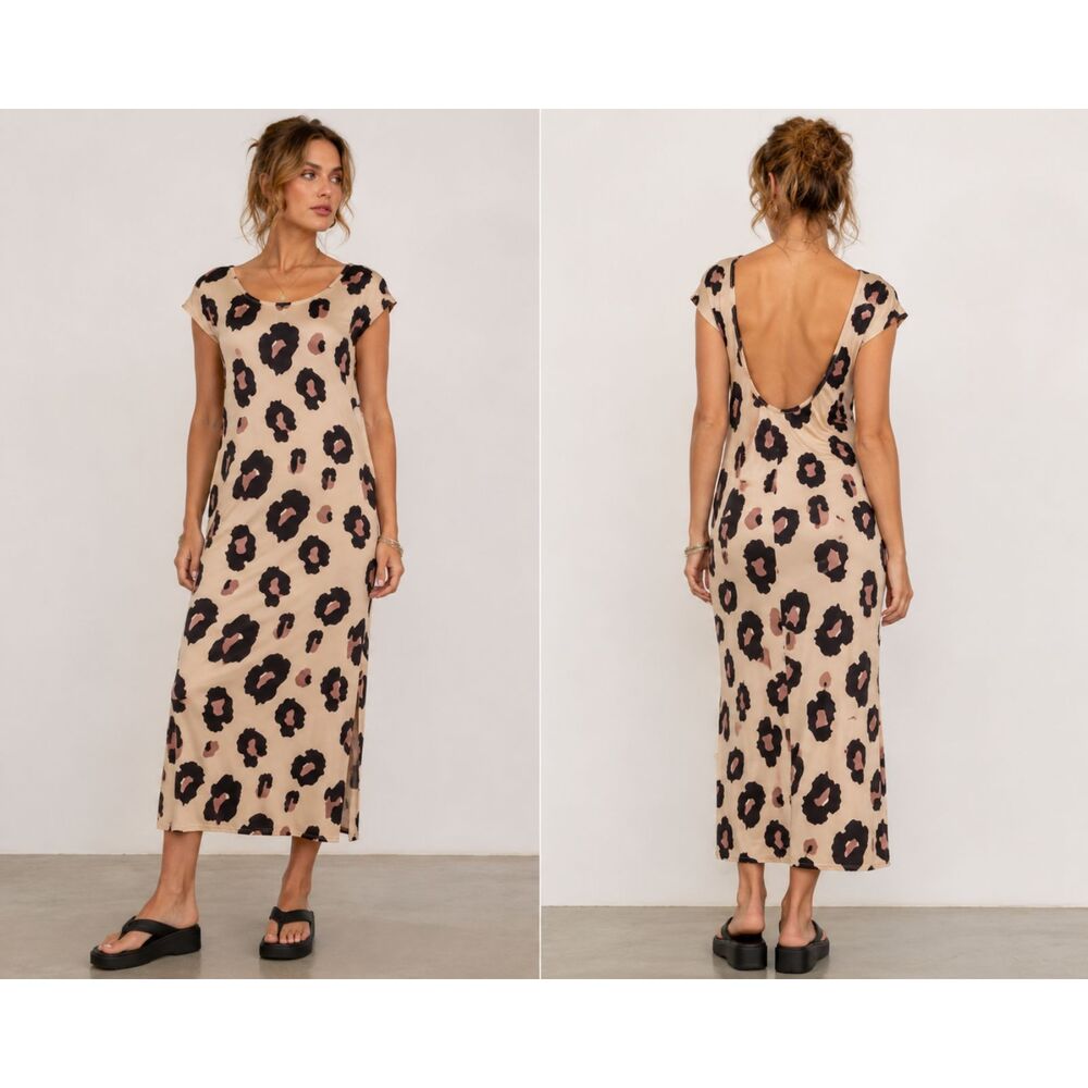 Leopard Print Open Back Maxi Dress Cap Sleeve Backless Bodycon (Size Unknown)